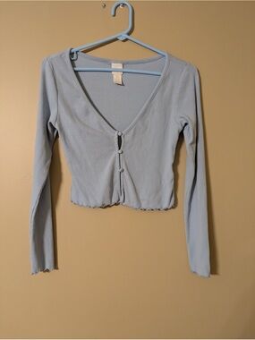 H&M Light Blue Ribbed Long-Sleeve Crop Cardigan